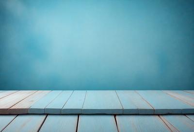 The primary subject of the image is a wooden plank or board, which is the main object in the scene. The setting is a blue wall, and the visual style appears to be a photo. The dominant colors in the image are blue and white, creating a calm and serene atmosphere.
