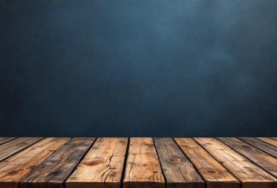 The primary subject of the image is a wooden table with a blue background. The table appears to be a wooden plank, and it is placed on a wooden floor. The visual style of the image is a photo, and the dominant colors are blue and brown. The overall atmosphere of the image is calm and serene.