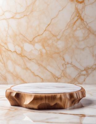 The primary subject of the image is a wooden tray or table with a white marble top. The setting is a wall with a marble texture, which serves as the background. The visual style is a photo, capturing the details of the wooden tray and the marble wall. The colors and mood of the image are predominantly neutral, with the white marble and the wooden tray creating a clean and elegant appearance.