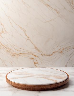 The primary subject of the image is a white marble tabletop with a wooden ring around it. The tabletop is placed against a wall with a marble texture. The visual style of the image is a photo, and the colors and mood are predominantly white and neutral, giving the scene a clean and elegant appearance.