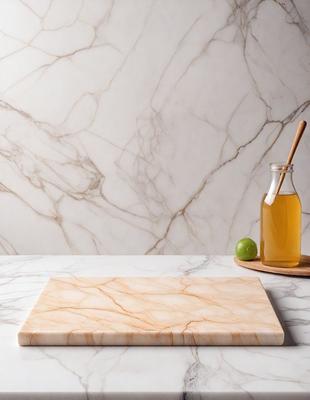 The primary subject of the image is a wooden cutting board placed on a marble countertop. The cutting board is accompanied by a bottle of honey, a lime, and a wooden spoon. The setting is a kitchen, and the visual style is a photo. The colors and mood of the image are warm and inviting, with the marble countertop and wooden cutting board adding a touch of natural elegance to the scene.