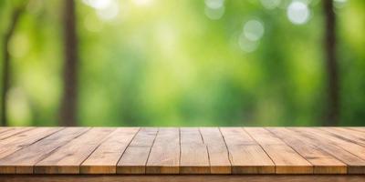 The primary subject of the image is a wooden table with a view of the outdoors. The table is situated in front of a green forest, providing a serene and natural setting. The visual style of the image is a photo, capturing the beauty of the outdoor environment. The colors and mood of the image are predominantly green, with the lush forest and the wooden table creating a sense of tranquility and harmony with nature.