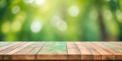 The primary subject of the image is a wooden table with a green tablecloth. The table is placed in a setting with a green background, which creates a natural and serene atmosphere. The visual style of the image is a photo, capturing the details of the table and its surroundings. The colors and mood of the image are predominantly green, giving it a calm and soothing vibe.