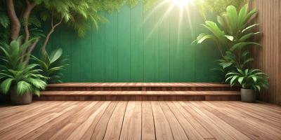 The primary subject of the image is a wooden deck with a green wall in the background. The setting appears to be an outdoor space, possibly a garden or a patio. The visual style of the image is a photo, capturing the natural light and the wooden deck's texture. The colors in the image are predominantly green, with the green wall and the wooden deck, creating a calm and serene atmosphere.