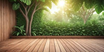 The primary subject of the image is a wooden deck with a wooden floor. The setting is a forest with trees and plants surrounding the deck. The visual style is a digital art illustration, creating a serene and natural atmosphere. The dominant colors are shades of green, brown, and white, reflecting the natural environment.