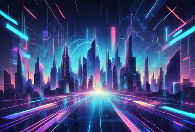 The primary subject of the image is a futuristic cityscape with tall buildings and a blue sky. The setting is a futuristic city with a blue sky and a purple road. The visual style is digital art, and the colors and mood are predominantly blue and purple, creating a futuristic and vibrant atmosphere.