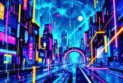 The primary subject of the image is a futuristic cityscape with a large, illuminated tunnel. The setting is a neon-lit metropolis with tall buildings and a night sky. The visual style is a digital art or illustration, creating a vibrant and colorful atmosphere. The dominant colors are blue, purple, and pink, giving the scene a unique and captivating mood.