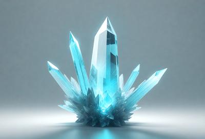 The primary subject of the image is a large, blue crystal. The setting is a gray background, which contrasts with the vibrant blue color of the crystal. The visual style appears to be a digital art or illustration, as the crystal is depicted in a detailed and realistic manner. The overall atmosphere of the image is serene and captivating, with the blue crystal as the focal point.
