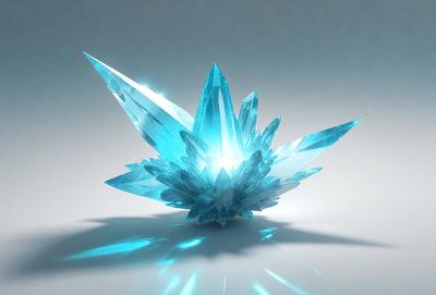 The primary subject of the image is a blue crystal, which is the main object, scene, or focus of the image. The setting is a white background, which provides a clean and uncluttered environment for the crystal. The visual style is digital art, as the image is a digital creation. The dominant colors are blue and white, creating a calm and serene atmosphere.