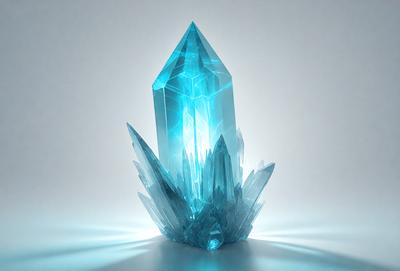 The primary subject of the image is a large, blue crystal. The setting is a white background, which provides a clean and minimalist appearance. The visual style is a digital art, as the crystal is depicted in a three-dimensional manner. The dominant colors are blue and white, creating a sense of calmness and tranquility.