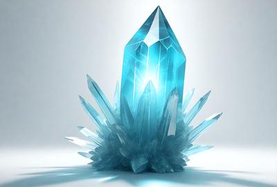 The primary subject of the image is a large, blue crystal or gemstone. The setting is a white background, which provides a clean and minimalist appearance. The visual style is a digital art or illustration, as the crystal is depicted in a detailed and realistic manner. The dominant colors are blue and white, creating a sense of elegance and sophistication.