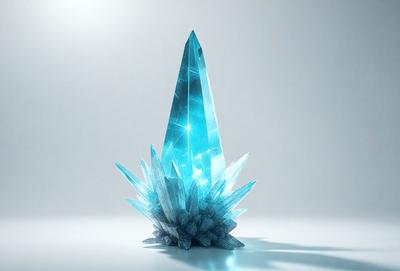 The primary subject of the image is a large, blue crystal structure. The setting is a white background, which provides a clean and minimalist appearance. The visual style is a combination of photo and digital art, creating a unique and eye-catching image. The dominant colors are blue and white, giving the scene a calm and serene atmosphere.