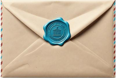 The primary subject of the image is a letter envelope with a blue and white seal. The envelope is made of brown paper and features a blue seal with a building on it. The setting is a close-up of the envelope, showcasing the details of the seal and the paper. The visual style is a realistic representation of the envelope and the seal. The colors and mood of the image are warm and inviting, with the brown paper and blue seal creating a sense of tradition and form