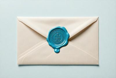 The primary subject of the image is a white envelope with a blue seal. The envelope is addressed to the recipient and is likely to contain a letter or a package. The setting is a white background, which provides a clean and simple backdrop for the envelope. The visual style is a close-up of the envelope, allowing the viewer to focus on the details of the seal and the address. The colors and mood of the image are predominantly white and blue, giving it a clean and professional appearance