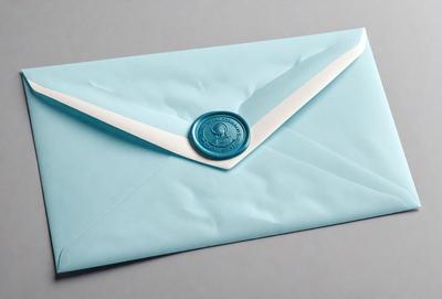 The primary subject of the image is a blue envelope with a seal on it. The envelope is placed on a gray surface, which serves as the background. The visual style of the image is a photo, capturing the details of the envelope and the seal. The colors in the image are predominantly blue, giving the envelope a calm and professional appearance.