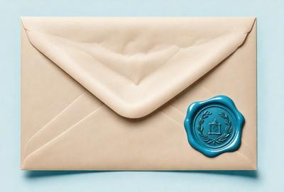 The primary subject of the image is a white envelope with a blue seal. The envelope is placed on a blue surface, which adds a contrasting color to the scene. The visual style of the image is a close-up of the envelope, showcasing its details and texture. The colors and mood of the image are predominantly white and blue, creating a clean and calm atmosphere.