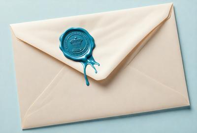 The primary subject of the image is a white envelope with a blue sticker on it. The envelope is placed on a blue surface, which adds a contrasting color to the scene. The visual style of the image is a close-up of the envelope, showcasing the details of the sticker and the envelope's texture. The colors and mood of the image are predominantly blue, creating a calm and serene atmosphere.