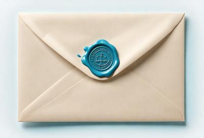 The primary subject of the image is a white envelope with a blue seal. The envelope is addressed to someone and has a blue seal on the front. The setting is a white background, and the visual style is a close-up of the envelope. The colors and mood of the image are predominantly white and blue, giving it a clean and professional appearance.