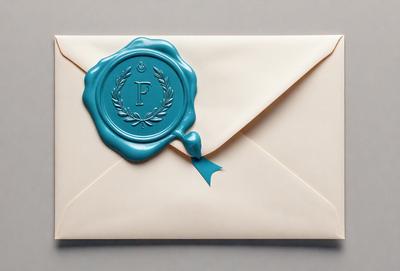 The primary subject of the image is a white envelope with a blue decoration on it. The envelope is addressed to someone named F. The setting is a white background, and the visual style appears to be a photo. The colors and mood of the image are predominantly white and blue, giving it a clean and elegant appearance.