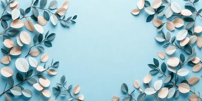 The primary subject of the image is a blue wall with green leaves and branches adorning it. The setting is a room with a blue background, and the visual style is a combination of photo and digital art. The dominant colors are blue and green, creating a calm and serene atmosphere.