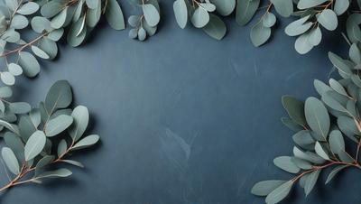 The primary subject of the image is a blue background with green leaves. The setting is a dark blue wall, and the visual style is a photo. The colors and mood of the image are dark and moody, with the green leaves providing a touch of natural beauty.