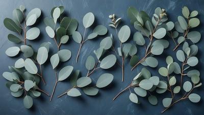The primary subject of the image is a collection of green leaves, which are displayed in various shapes and sizes. The leaves are arranged on a blue surface, creating a visually appealing and harmonious display. The setting appears to be a studio or a workspace, where the artist has created these intricate leaf designs. The visual style of the image is a combination of artistic and natural elements, showcasing the artist's skill in capturing the beauty of nature. The colors and mood of the image are predominantly