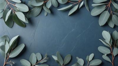 The primary subject of the image is a blue marble table with a green leaf wreath on top of it. The setting is a dark blue background, which contrasts with the green leaves. The visual style is a close-up of the wreath, showcasing the intricate details of the leaves. The colors and mood of the image are predominantly dark and moody, with the blue marble table and green leaves creating a sense of elegance and sophistication.
