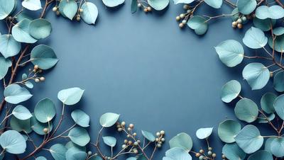 The primary subject of the image is a blue wall with a green leaf pattern. The setting is a blue background, and the visual style is a digital art or illustration. The dominant colors are blue and green, creating a calm and serene atmosphere.