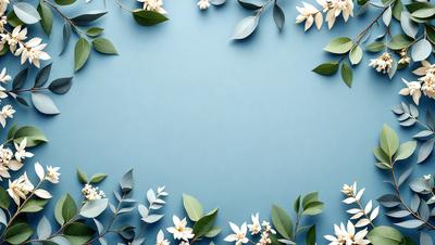 The primary subject of the image is a blue wall with white flowers and green leaves. The setting is a room with a blue background, and the visual style is a combination of photo and digital art. The dominant colors are blue and white, creating a calm and serene atmosphere.