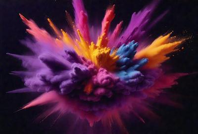 The primary subject of the image is a colorful, abstract art piece that resembles a colorful explosion. The setting is a dark background, which contrasts with the vibrant colors of the artwork. The visual style is a combination of digital art and illustration, creating a unique and eye-catching piece. The dominant colors are purple, pink, yellow, and blue, which contribute to a lively and energetic atmosphere.