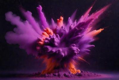 The primary subject of the image is a purple and yellow explosion, which appears to be a digital art or illustration. The setting is a dark background, and the visual style is a colorful and vibrant explosion. The dominant colors are purple and yellow, creating a lively and energetic atmosphere.