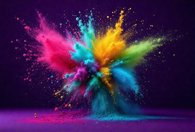 The primary subject of the image is a colorful, swirling, and splashing display of paint, likely created by a paint explosion or a similar artistic technique. The setting is a dark background, which contrasts with the vibrant colors of the paint. The visual style appears to be a combination of a photo and digital art, as the colors and patterns are both realistic and artistic. The dominant colors in the image are purple, blue, yellow, and pink, creating a lively and energet
