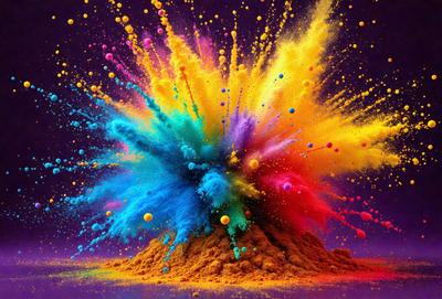 The primary subject of the image is a colorful, vibrant explosion of colorful balls, which are scattered throughout the scene. The setting is a purple background, which adds to the overall atmosphere of the image. The visual style is a combination of photo and digital art, creating a unique and eye-catching display. The colors and mood of the image are lively and energetic, with the bright colors and dynamic composition evoking a sense of excitement and energy.