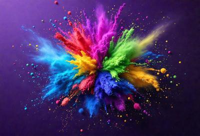 The primary subject of the image is a colorful, swirling, and vibrant display of paint splatters. The setting is a purple background, which contrasts with the bright colors of the paint splatters. The visual style is a mix of digital art and illustration, creating a dynamic and artistic representation of the paint splatters. The dominant colors are purple, blue, green, yellow, and orange, creating a lively and energetic atmosphere.