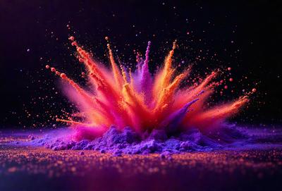 The primary subject of the image is a colorful, swirling explosion of paint or powder, which appears to be a digital art or illustration. The setting is a dark background, which contrasts with the vibrant colors of the explosion. The visual style is artistic and creative, with the colors and mood evoking a sense of excitement and energy.