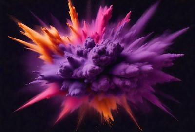The primary subject of the image is a large, colorful explosion. The setting is a dark background, which contrasts with the vibrant colors of the explosion. The visual style appears to be a combination of photo and digital art, creating a dynamic and eye-catching scene. The dominant colors are purple, pink, and yellow, giving the explosion a lively and energetic atmosphere.