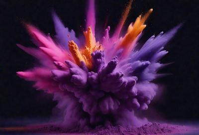 The primary subject of the image is a purple and pink explosion, which appears to be a digital art or illustration. The setting is a dark background, and the visual style is a colorful and vibrant explosion. The dominant colors are purple and pink, creating a lively and energetic atmosphere.
