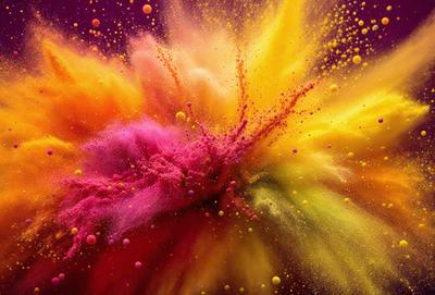 The primary subject of the image is a colorful, swirling, and vibrant explosion of colors. The setting is a purple and yellow background, which adds to the overall visual style. The colors and mood of the image are lively and energetic, with a sense of excitement and movement.