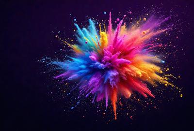 The primary subject of the image is a colorful, swirling explosion of paint or colorful confetti. The setting is a dark background, which contrasts with the vibrant colors of the explosion. The visual style is a combination of digital art and illustration, creating a dynamic and eye-catching scene. The colors and mood are lively and energetic, with the explosion's vivid hues evoking a sense of excitement and creativity.