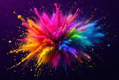 The primary subject of the image is a colorful, swirling, and vibrant explosion of colors. The setting is a dark background, which contrasts with the bright and lively colors of the explosion. The visual style is a combination of photo and digital art, creating a dynamic and eye-catching scene. The colors and mood of the image are energetic, lively, and full of life, as the explosion of colors creates a sense of movement and excitement.