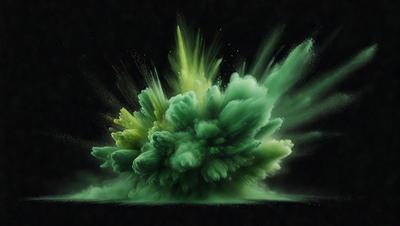 The primary subject of the image is a large, green, and yellow explosion. The setting is a dark background, which contrasts with the bright colors of the explosion. The visual style appears to be a digital art or illustration, as the explosion is depicted in a detailed and intricate manner. The colors and mood of the image are energetic and dynamic, with the green and yellow hues evoking a sense of energy and movement.