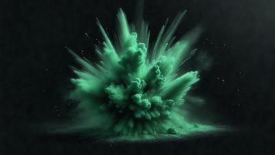The primary subject of the image is a large, green, cloud-like explosion. The setting is a dark background, which contrasts with the bright green color of the explosion. The visual style appears to be a digital art or illustration, as the explosion is depicted in a detailed and intricate manner. The colors and mood of the image are predominantly green, creating a sense of energy and dynamism.