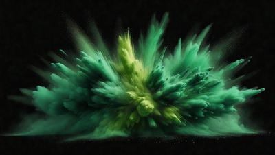The primary subject of the image is a green and yellow explosion, which appears to be a digital art or illustration. The setting is a black background, and the visual style is a combination of colors and patterns. The dominant colors are green and yellow, creating a vibrant and energetic atmosphere.