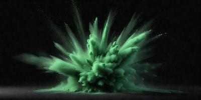The primary subject of the image is a green explosion, which appears to be a digital art or illustration. The setting is a dark background, and the visual style is a combination of colors and patterns. The dominant colors are green and black, creating a dramatic and intense atmosphere.