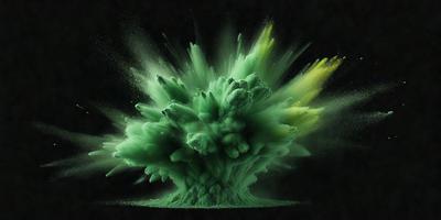 The primary subject of the image is a large, green, and yellow explosion. The setting is a dark background, which contrasts with the bright colors of the explosion. The visual style appears to be a combination of photo and digital art, creating a dynamic and eye-catching scene. The dominant colors are green and yellow, with the green being the primary color, while the yellow adds a pop of color to the explosion. The overall atmosphere of the image is energetic and captivating.