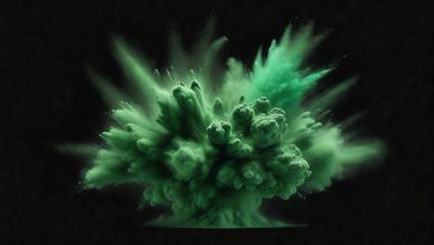 The primary subject of the image is a large, green, and white explosion. The setting is a dark background, which contrasts with the bright colors of the explosion. The visual style appears to be a combination of photo and digital art, creating a dynamic and dramatic scene. The dominant colors are green and white, with the green representing the explosion and the white adding to the brightness and intensity of the scene. The overall atmosphere is one of energy and power.