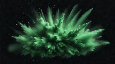 The primary subject of the image is a green, swirling, and splashing mass of paint or ink. The setting appears to be a dark background, which contrasts with the vibrant green color of the main subject. The visual style of the image is a mix of digital art and illustration, as it captures the dynamic and fluid motion of the green substance. The colors and mood of the image are predominantly green, creating a sense of energy and movement.