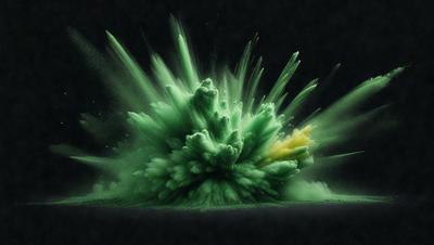 The primary subject of the image is a large, colorful, and explosive green and yellow splash, which appears to be a digital art or illustration. The setting is a dark background, and the visual style is a combination of digital art and illustration. The dominant colors in the image are green and yellow, creating a vibrant and energetic atmosphere.