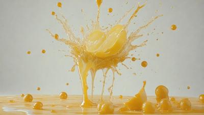The primary subject of the image is a close-up of a yellow substance, possibly a sauce or a liquid, splashing onto a table. The setting is a white background, which provides a clean and minimalistic look to the scene. The visual style appears to be a combination of a photo and a digital art, as the yellow substance is captured in a realistic manner while the overall composition and color palette give it a digital art feel. The dominant colors are yellow and orange, creating a warm and vibrant atmosphere