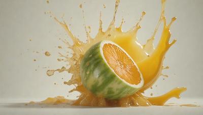 The primary subject of the image is a green apple that has been sliced in half and is now being splashed with a yellow liquid. The apple is placed on a white surface, and the scene appears to be a close-up of the apple and the liquid. The visual style of the image is a photo, and the colors and mood suggest a sense of motion and action.